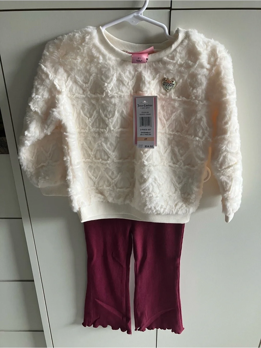 Juicy Couture Cream Fuzzy Heart Sweatshirt with Wine Ribbed Pants